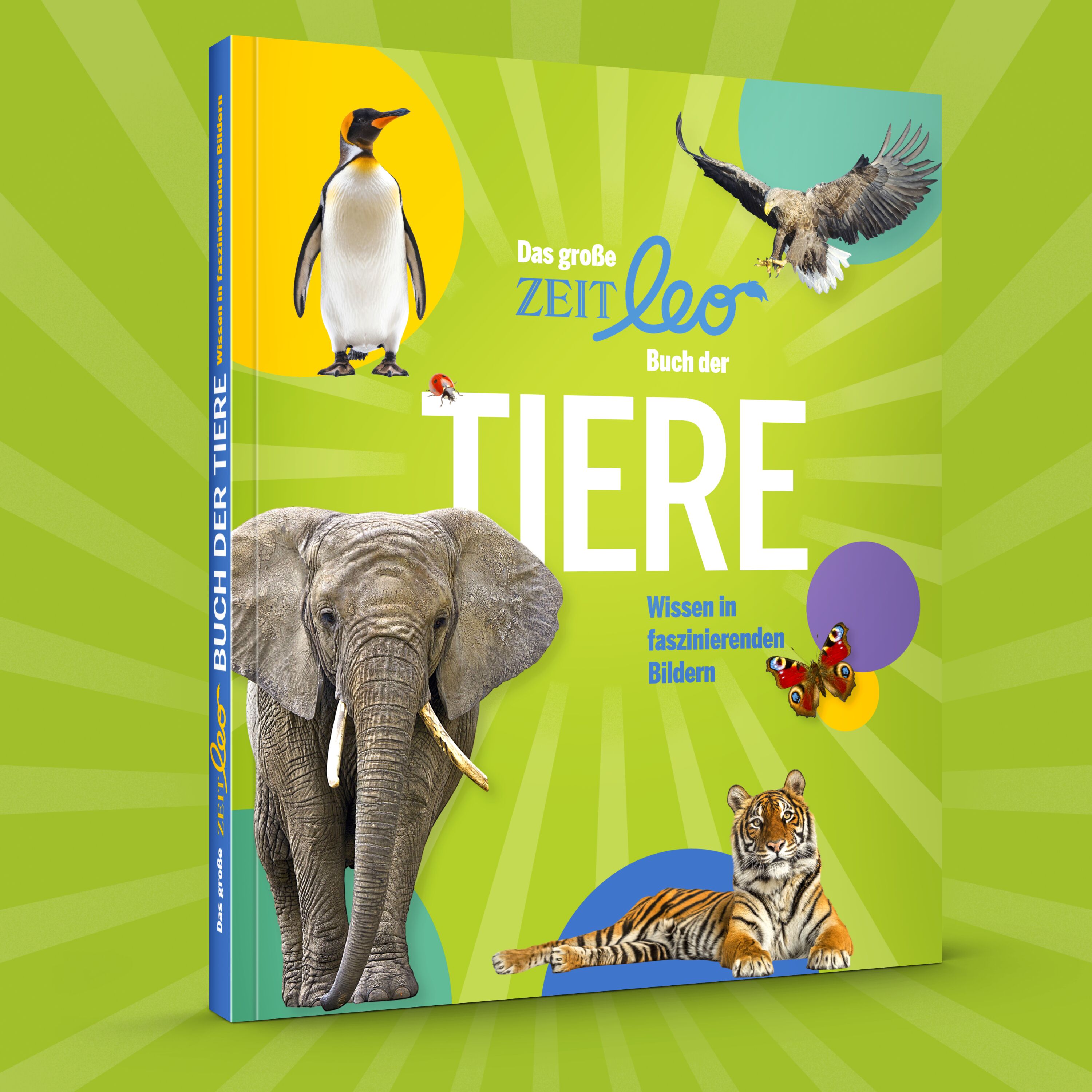 Das Buch 'Das große ZEIT LEO Buch der Tiere' mit farbenfrohem Cover zeigt verschiedene Tiere wie Elefant, Tiger, Pinguin und Adler sowie bunte Illustrationen auf grün-gelbem Hintergrund. Das Cover vermittelt Wissen rund um Tiere und ist besonders für Kinder und Familien geeignet.